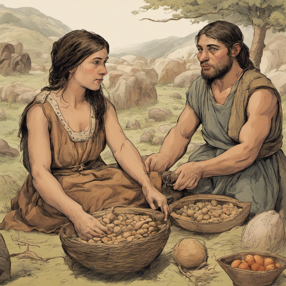 Woman and man gather food together during Neolithic times