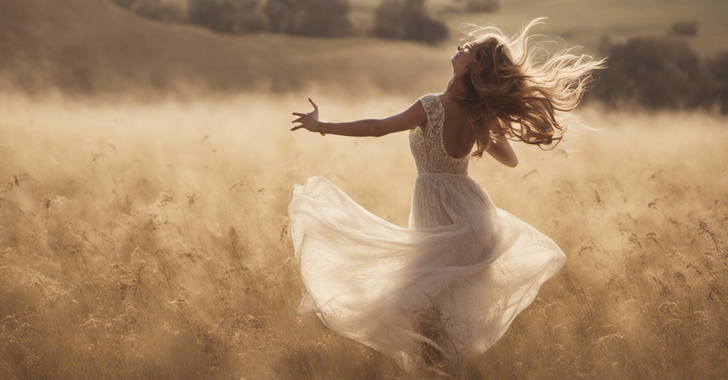 woman dancing in open fields, so very happy