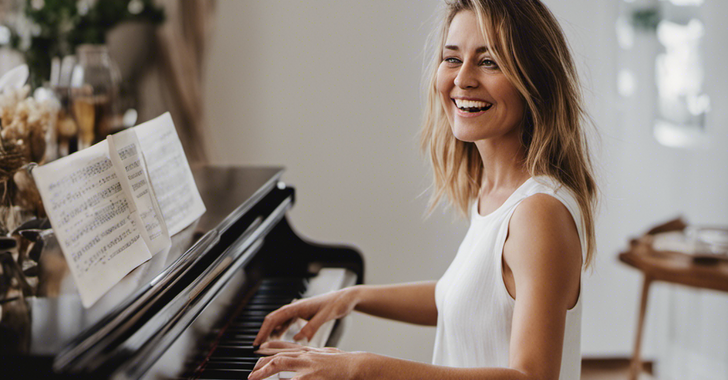 Woman happily playing piano
