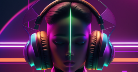 woman listens to music in futuristic setting