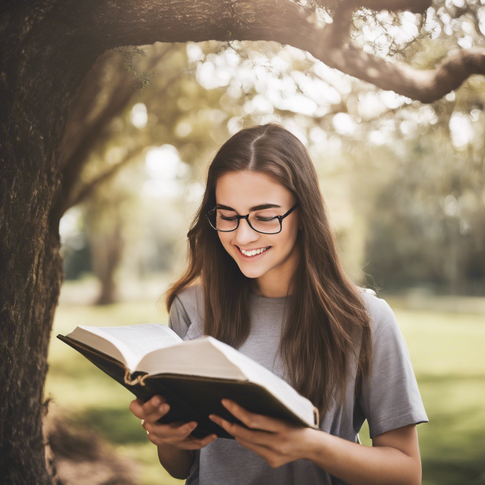 Young inspired woman reading bible verses