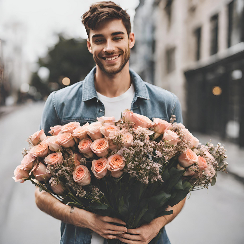 Young man holding a huge bunch of peach colored roses