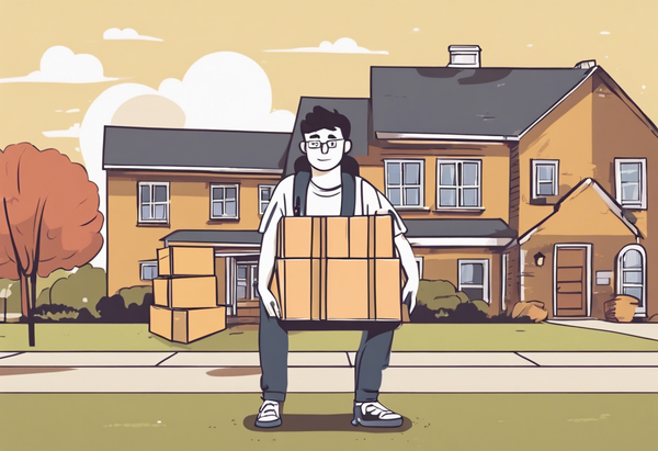 young student with boxes and more boxes behind him ready to leave house for college