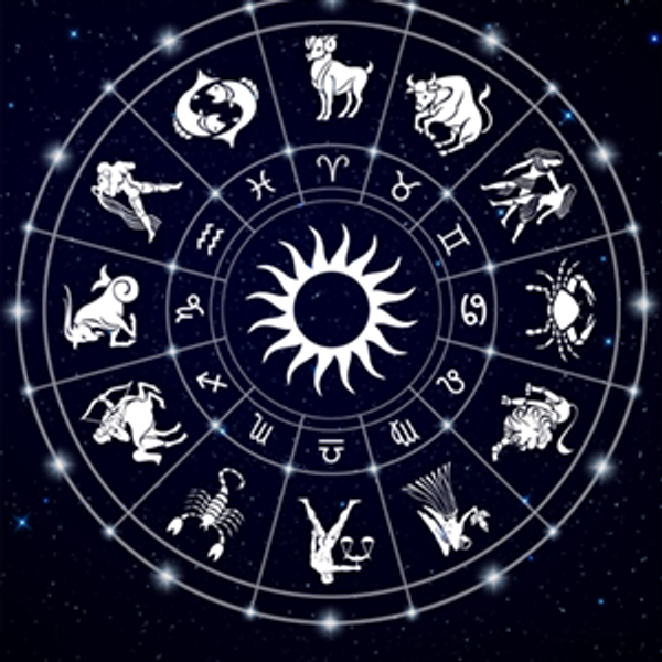 Zodiac wheel with signs and symbols surrounding a central sun against a starry sky.